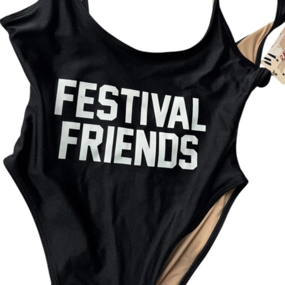 Black‎ "FESTIVAL FRIENDS" One-Piece Swimsuit festival rave summer cheeky
